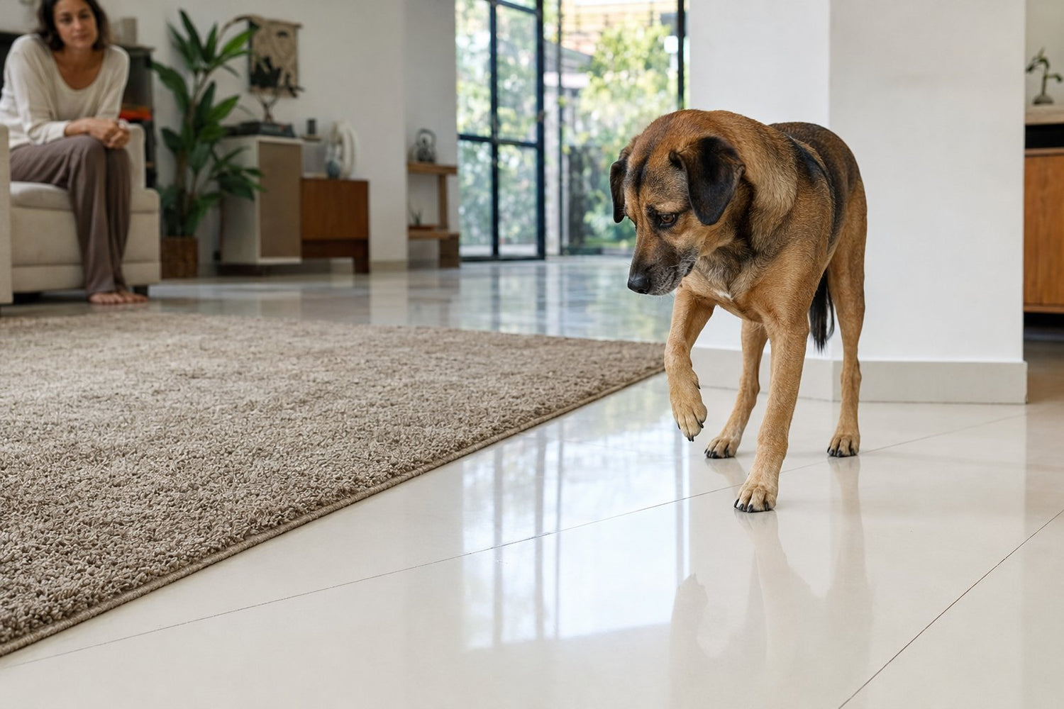 Cachorro caminhando com cuidado sobre o piso liso e brilhante da sala