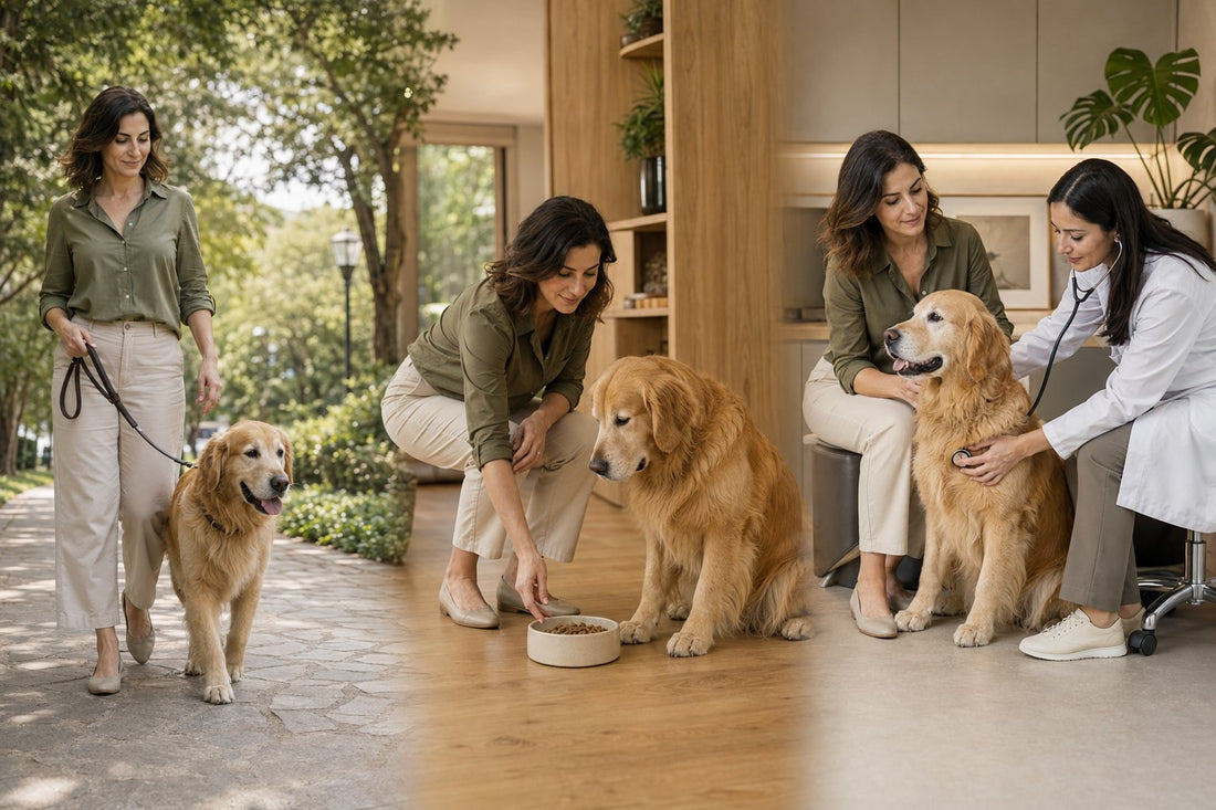 Três momentos do cuidado diário com o cão, o passeio, a alimentação e a consulta veterinária