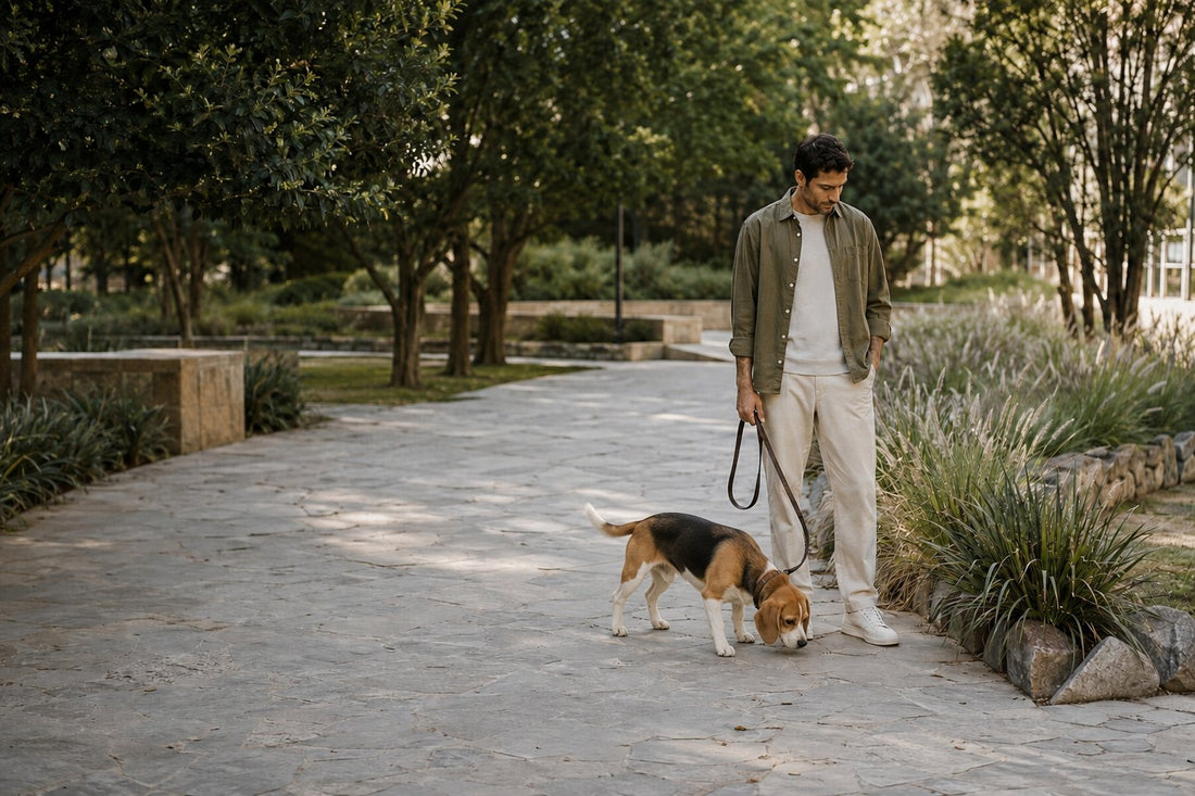 Tutor caminhando com o cachorro na guia enquanto o beagle fareja o chão do parque