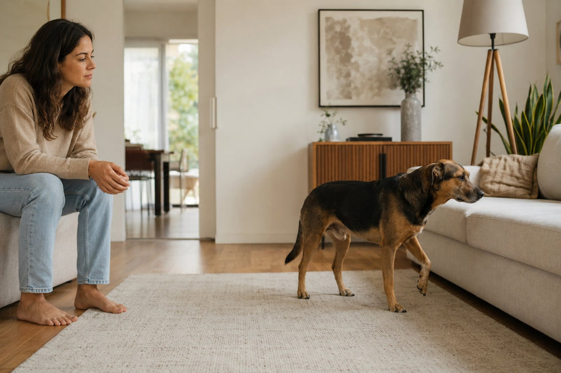Tutora sentada no sofá observando o cachorro parado do outro lado da sala