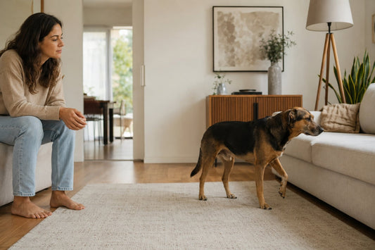 Tutora sentada no sofá observando o cachorro parado do outro lado da sala