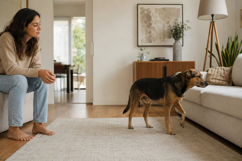 Tutora sentada no sofá observando o cachorro parado do outro lado da sala