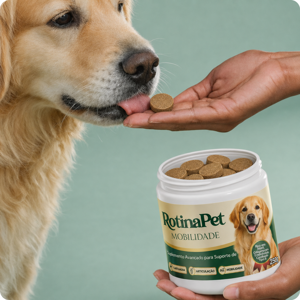 Cão recebendo pastilha RotinaPet Mobilidade da mão do tutor