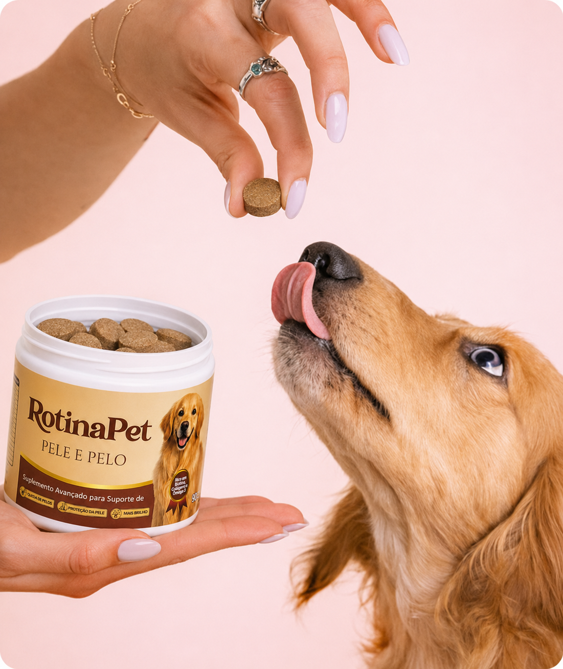 Cão lambendo pastilha RotinaPet oferecida pela tutora
